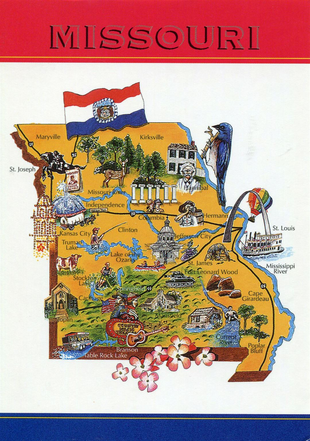 Large tourist illustrated map of Missouri state