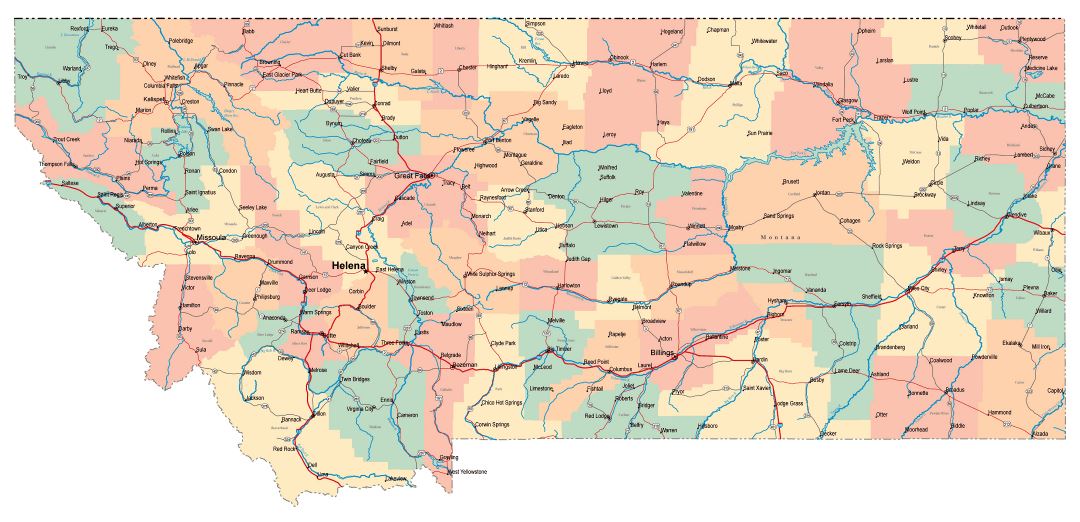 Large administrative map of Montana state with roads, highways and cities
