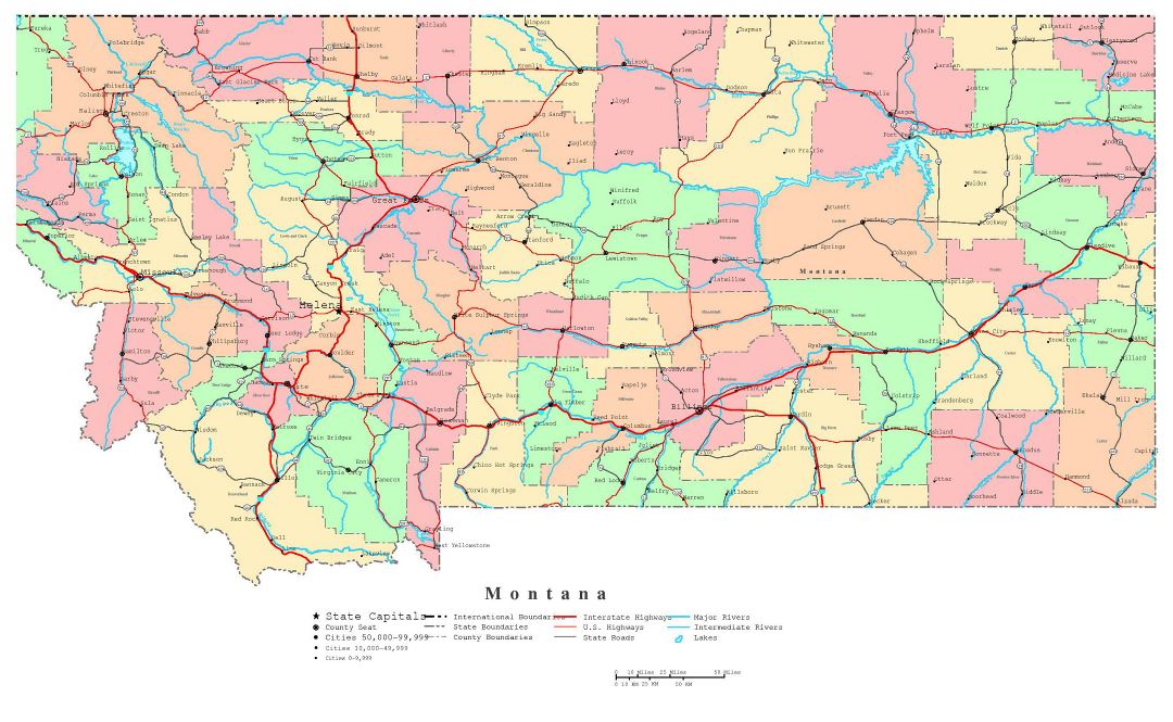 Large detailed administrative map of Montana state with roads, highways and cities