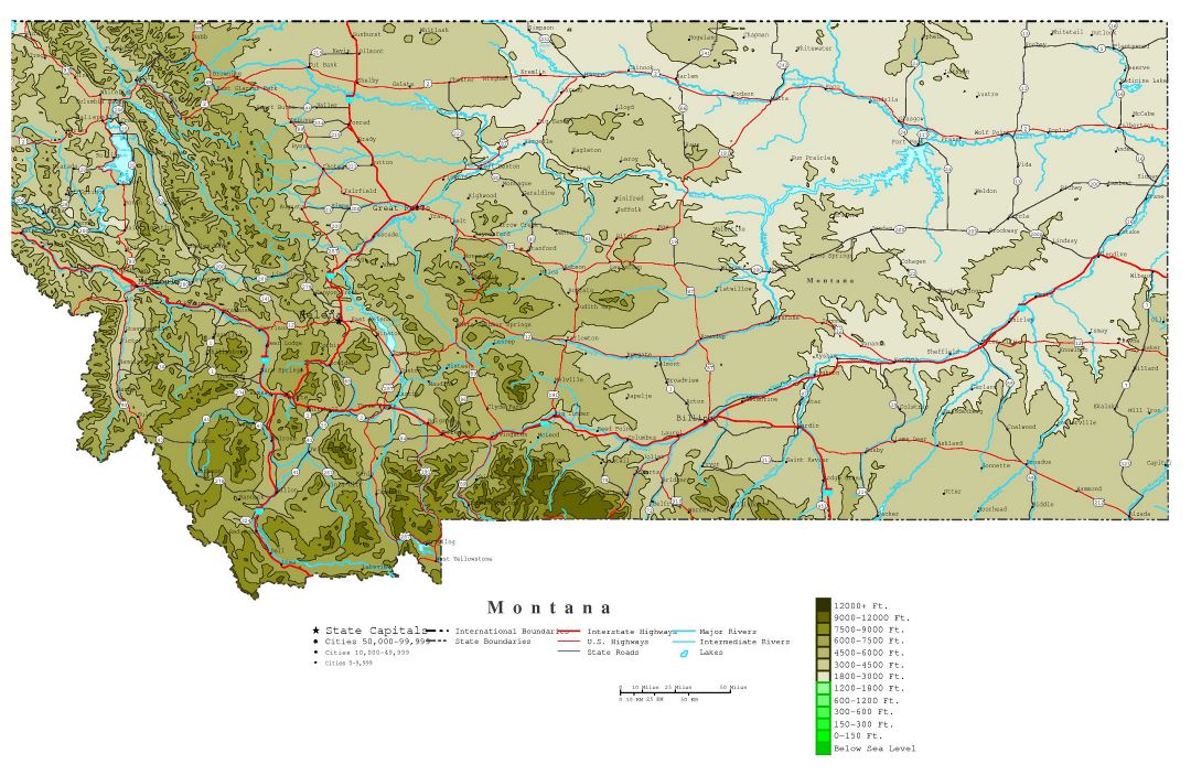 Large detailed elevation map of Montana state with roads, highways and cities