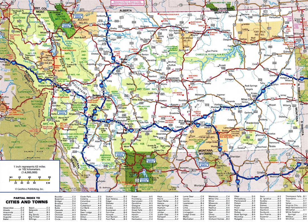 Large detailed roads and highways map of Montana state with all cities and national parks
