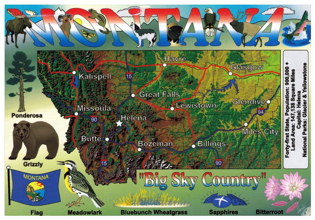 Large tourist map of Montana state