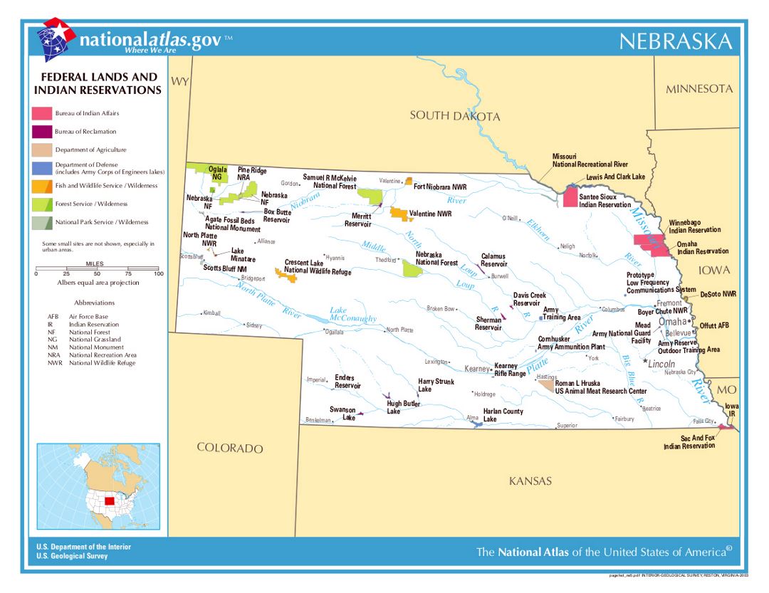 Detailed map of Nebraska state federal lands and indian reservations