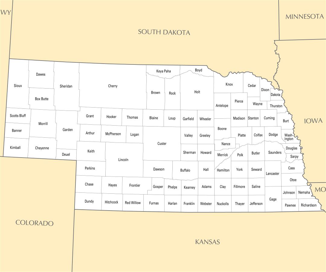 Large administrative map of Nebraska state