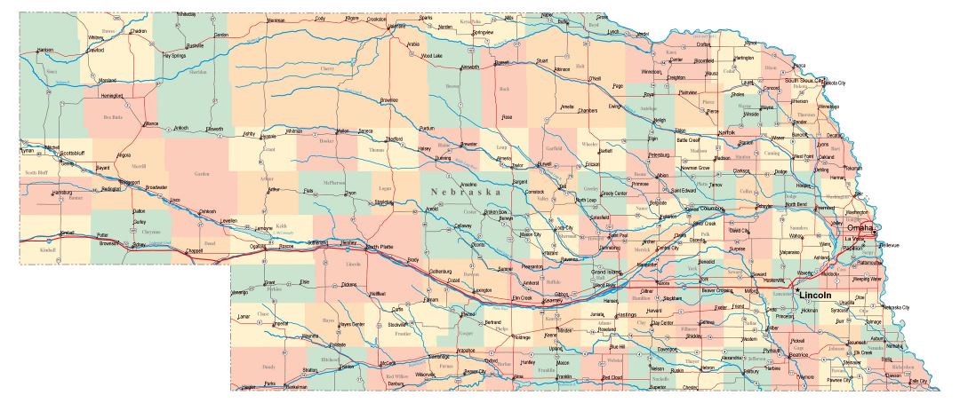 Large administrative map of Nebraska state with roads, highways and cities