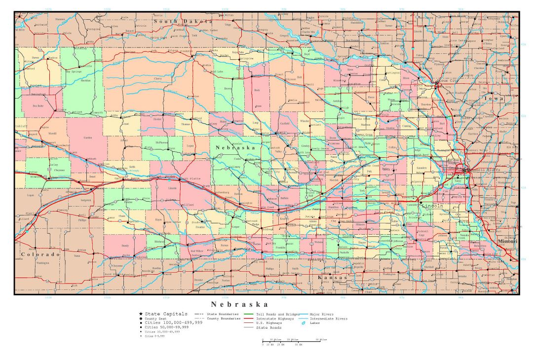 Large detailed administrative map of Nebraska state with roads, highways and major cities