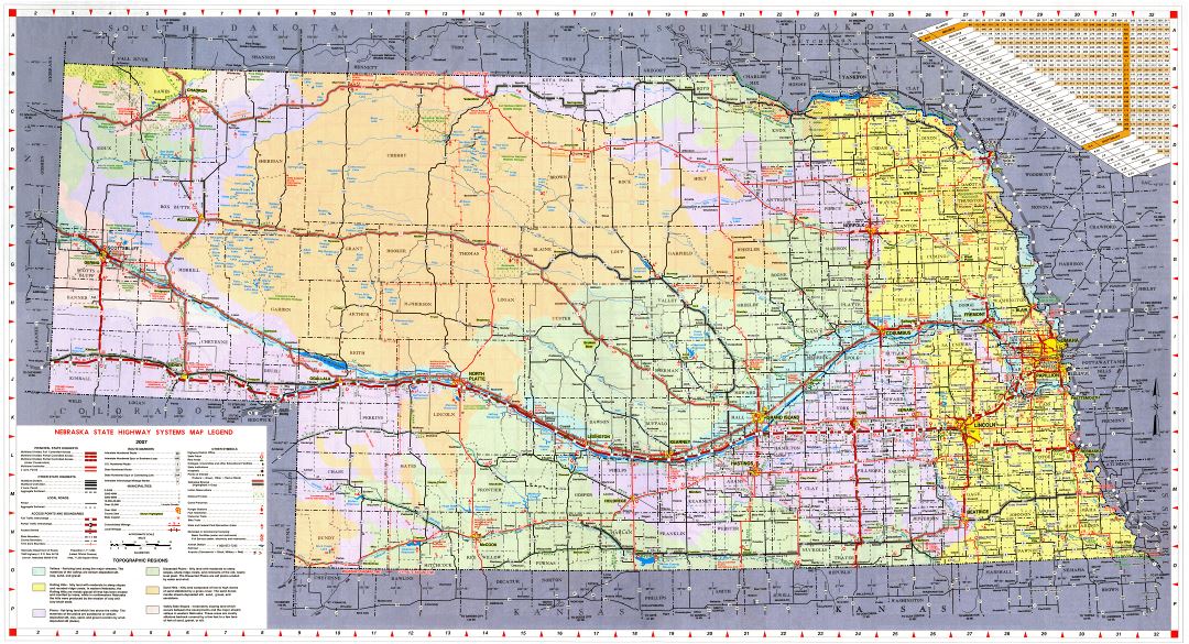 Large detailed Nebraska state highways system map with topographic regions