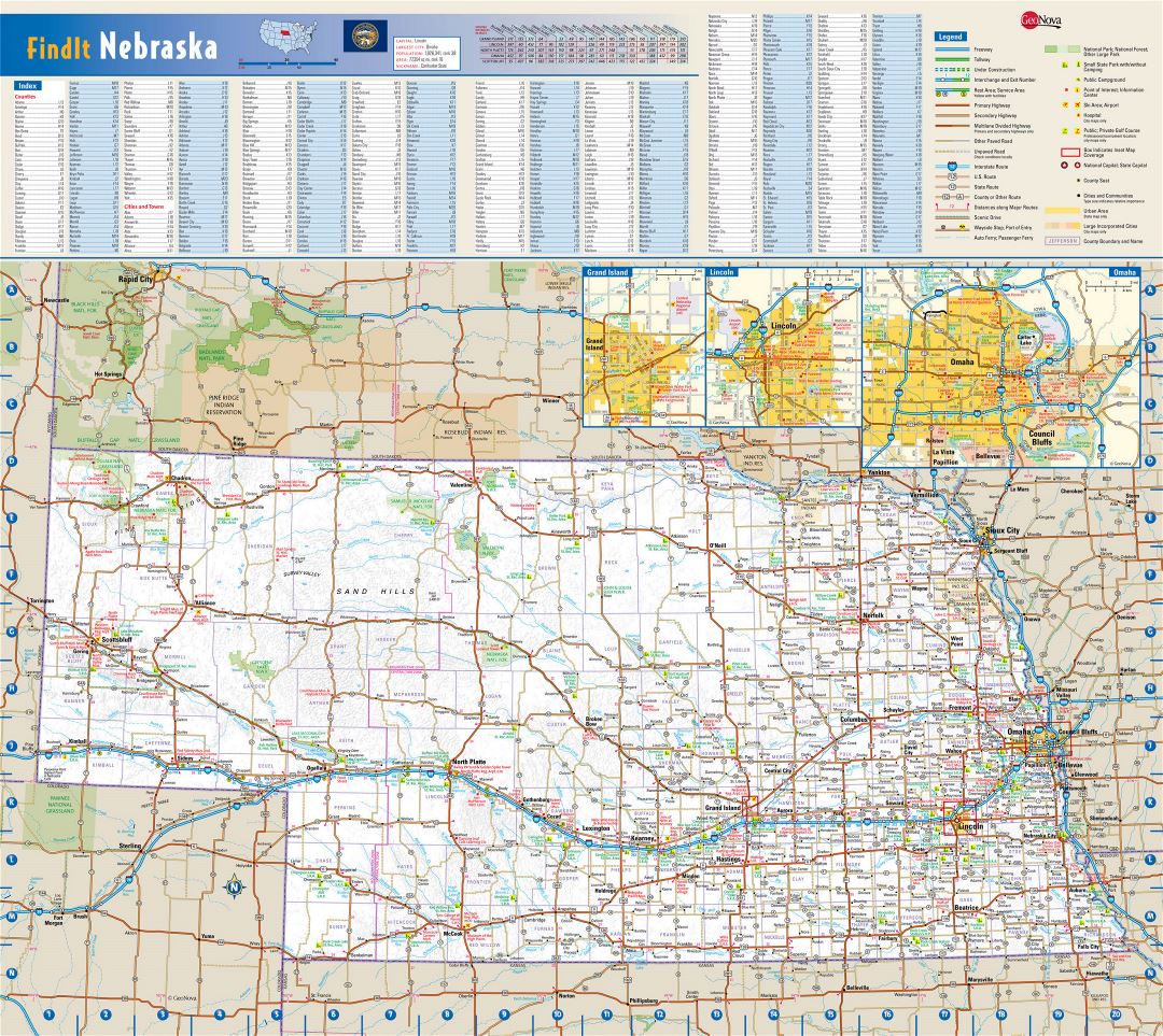 Large detailed roads and highways map of Nebraska state with national parks, all cities, towns and villages