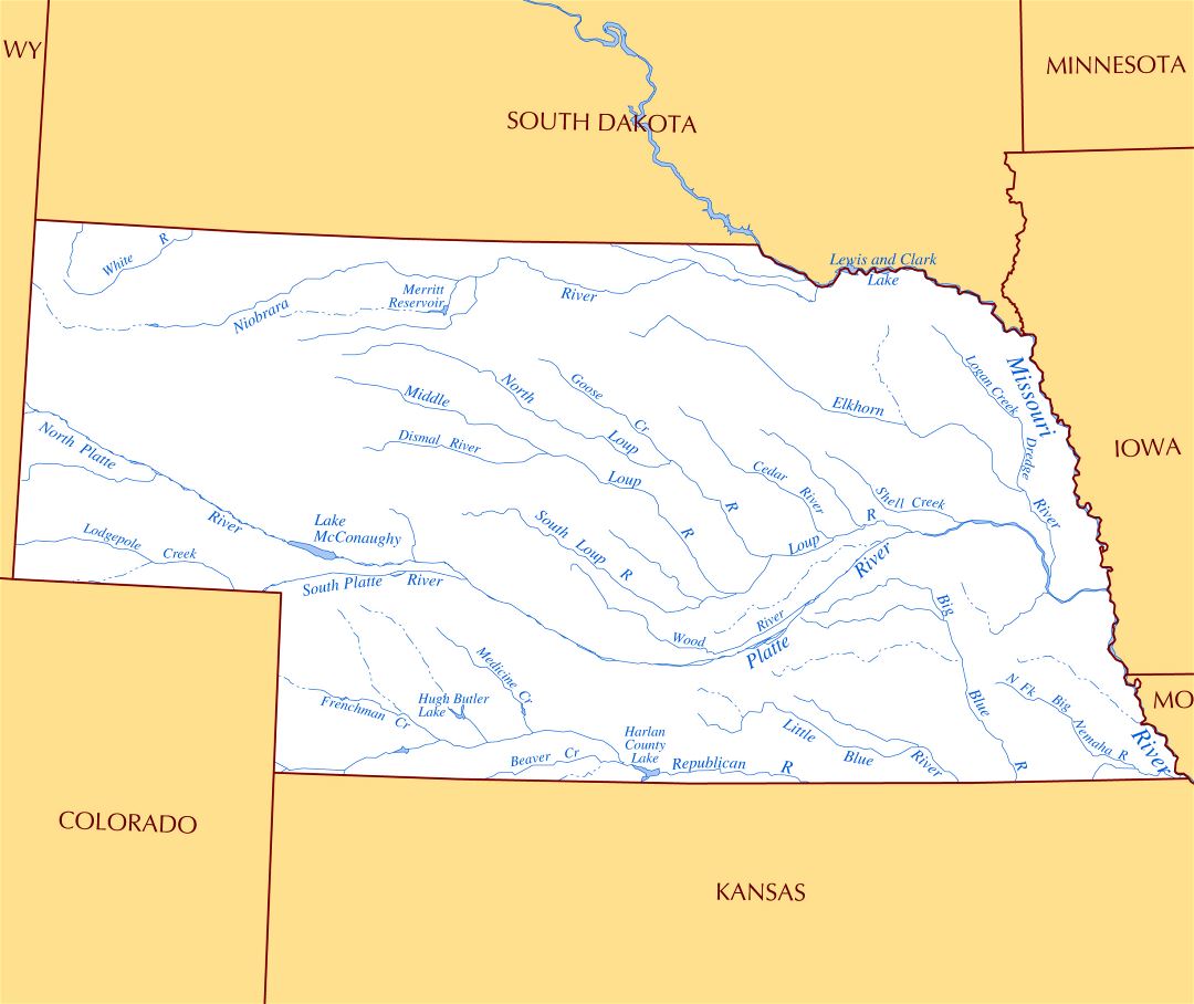 Large rivers and lakes map of Nebraska state