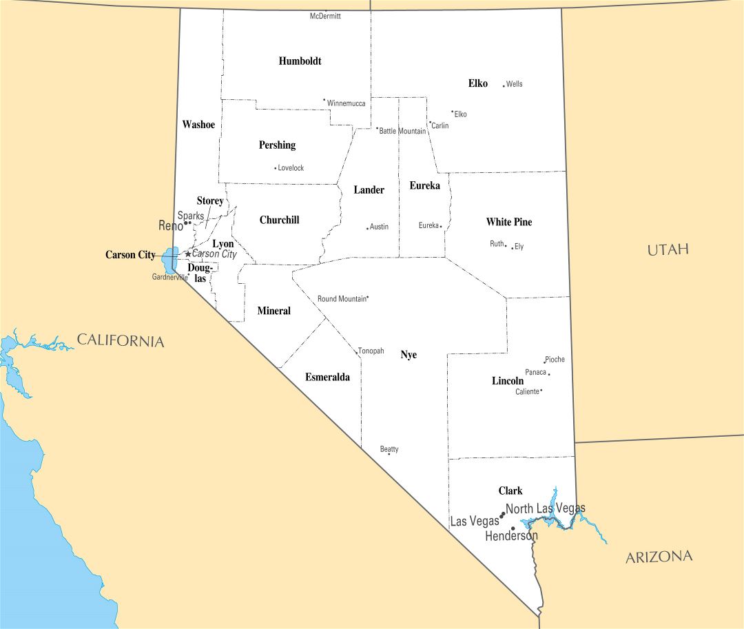 Large administrative map of Nevada state with major cities
