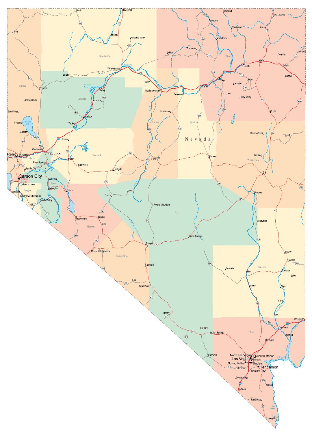 Large administrative map of Nevada state with roads, highways and cities