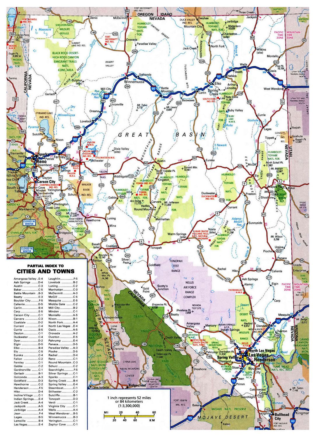 Large detailed roads and highways map of Nevada state with all cities and national parks