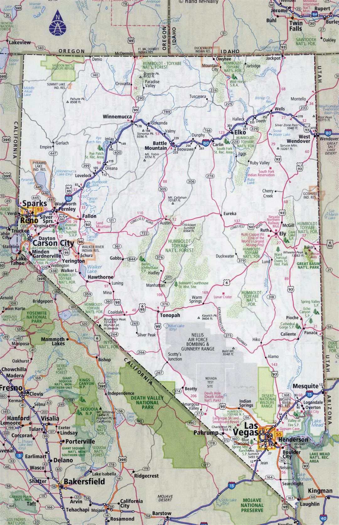 Large detailed roads and highways map of Nevada state with all cities