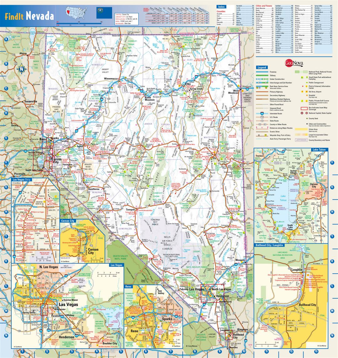 Large detailed roads and highways map of Nevada state with national parks, all cities, towns and villages