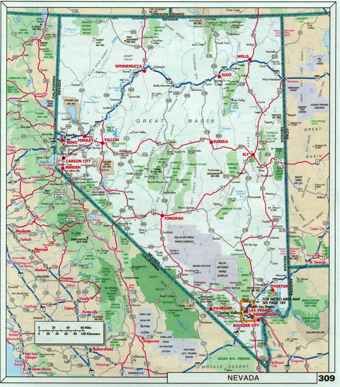 Large detailed roads and highways map of Nevada state with national parks and cities