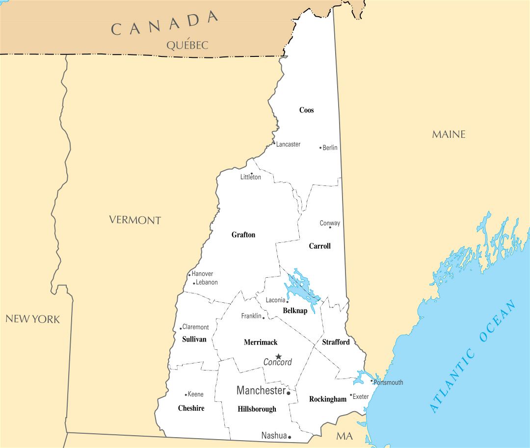 Large administrative map of New Hampshire state with major cities