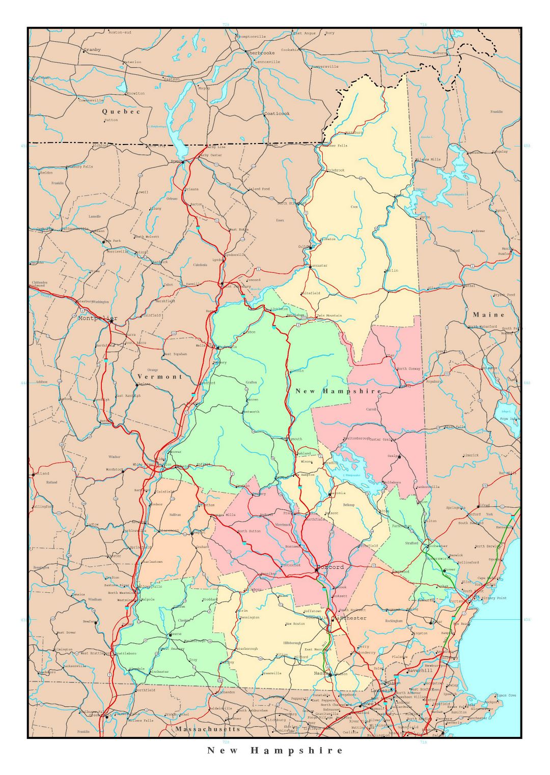 Large detailed administrative map of New Hampshire state with roads, highways and major cities