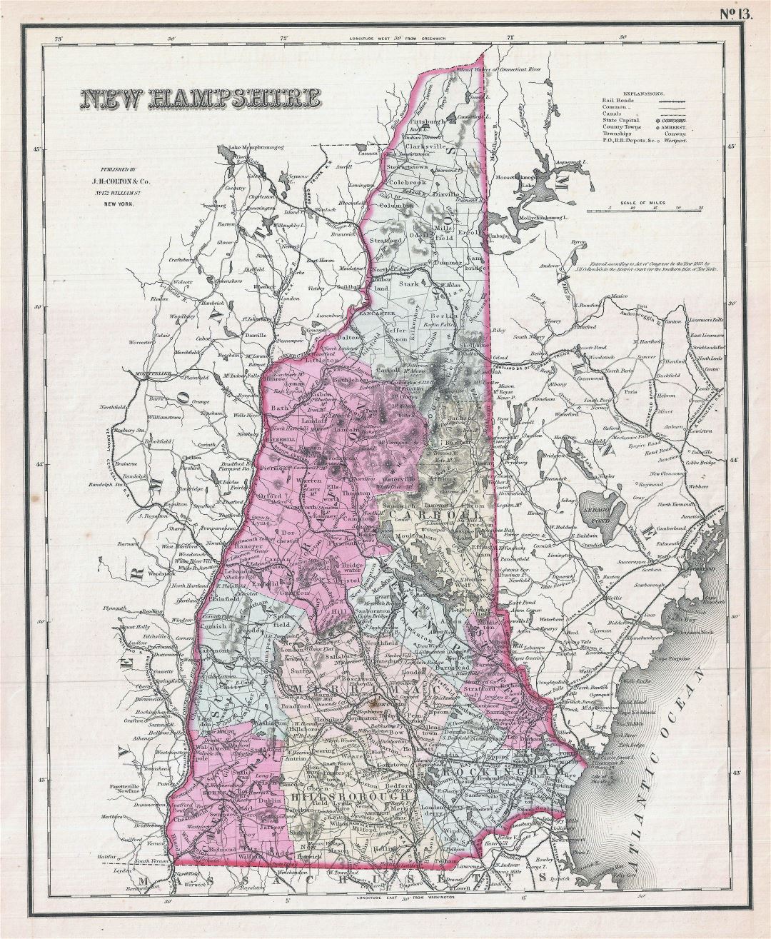 Large detailed old administrative map of New Hampshire state - 1857
