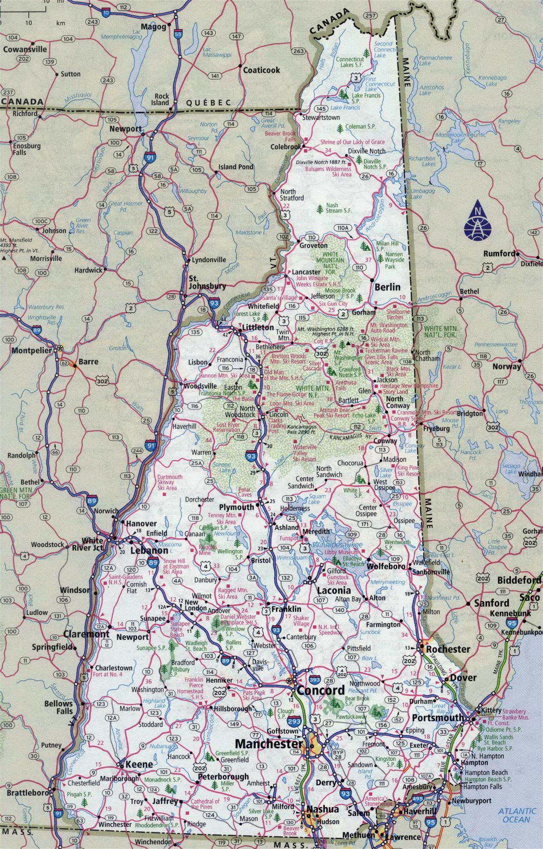 Large detailed roads and highways map of New Hampshire state with all cities