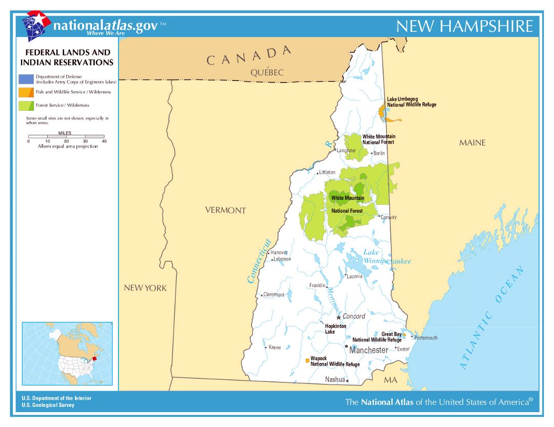 Large map of New Hampshire state federal lands and indian reservations