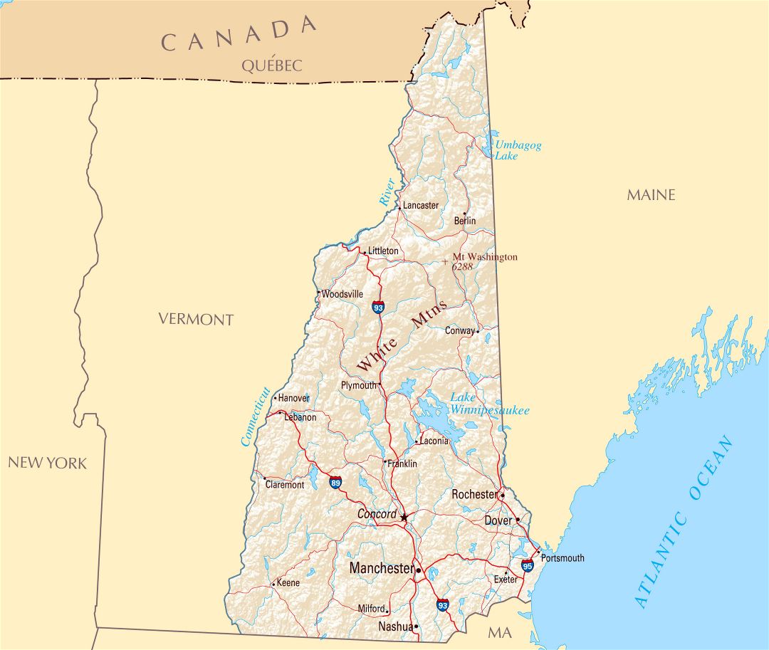 Large map of New Hampshire state with roads, highways, relief and major cities