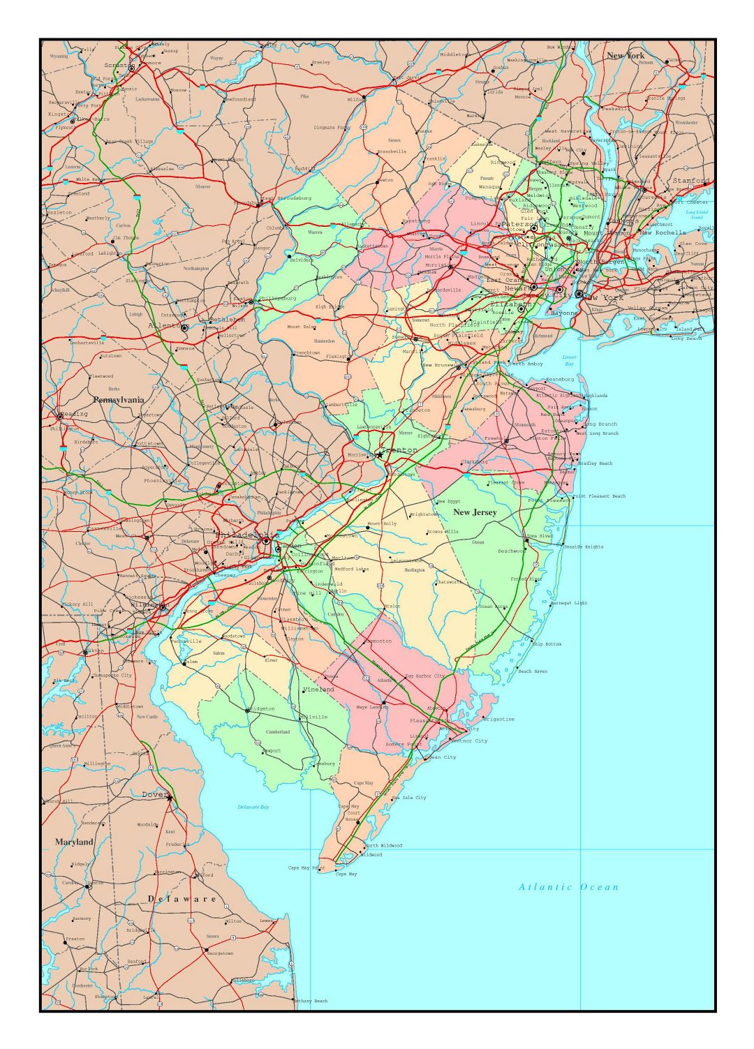 Large detailed administrative map of New Jersey state with roads, highways and major cities