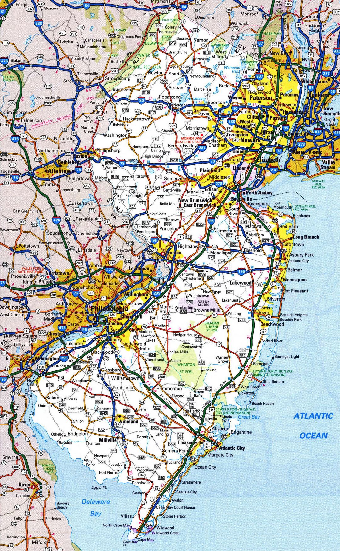 Large detailed roads and highways map of New Jersey state with all cities and national parks