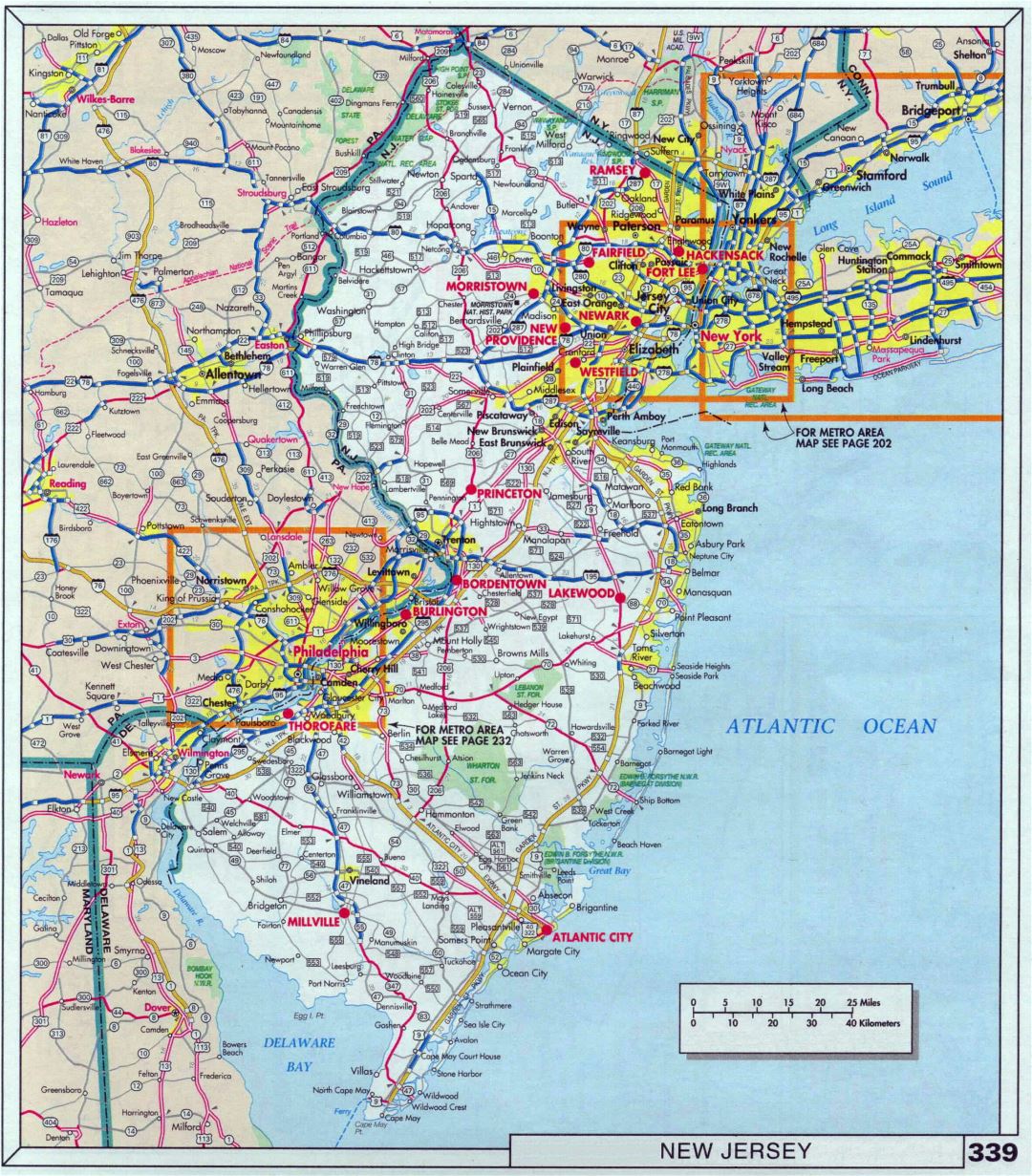 Large detailed roads and highways map of New Jersey state with national parks and cities