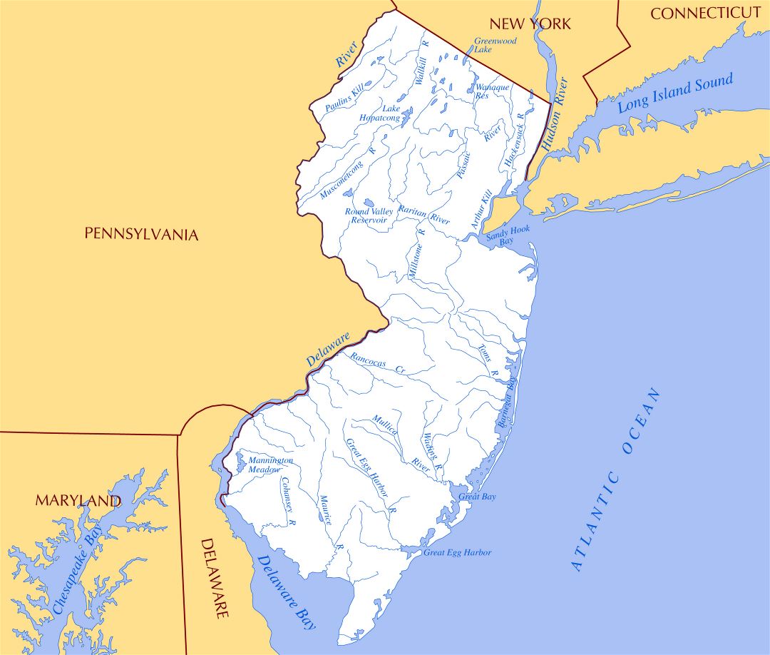 Large rivers and lakes map of New Jersey state