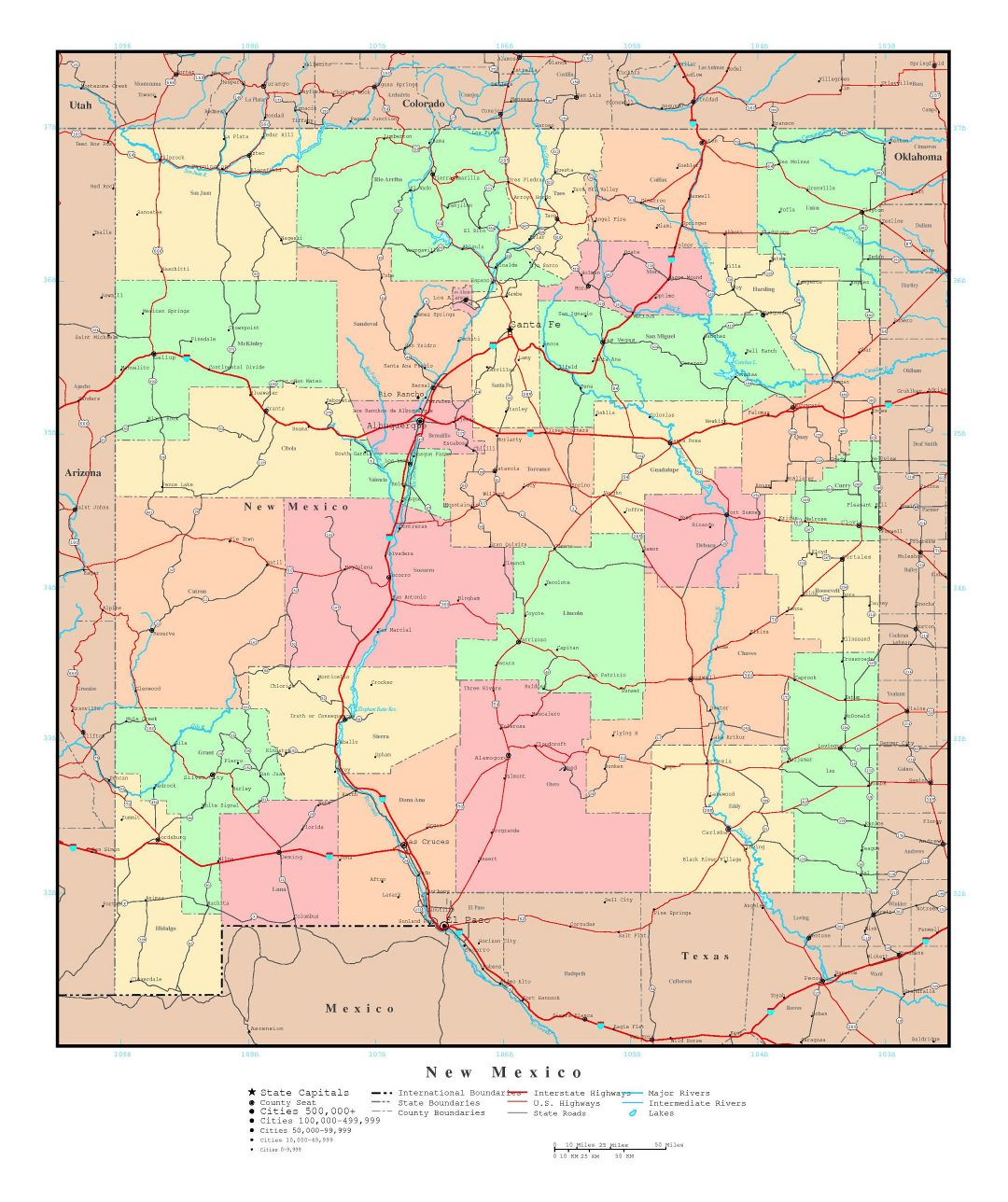 Large detailed administrative map of New Mexico state with roads, highways and major cities