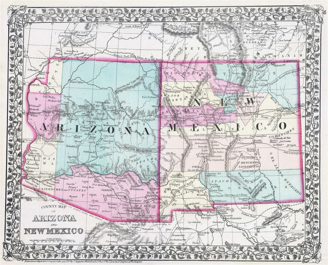 Large detailed old map of Arizona and New Mexico states with other marks - 1877