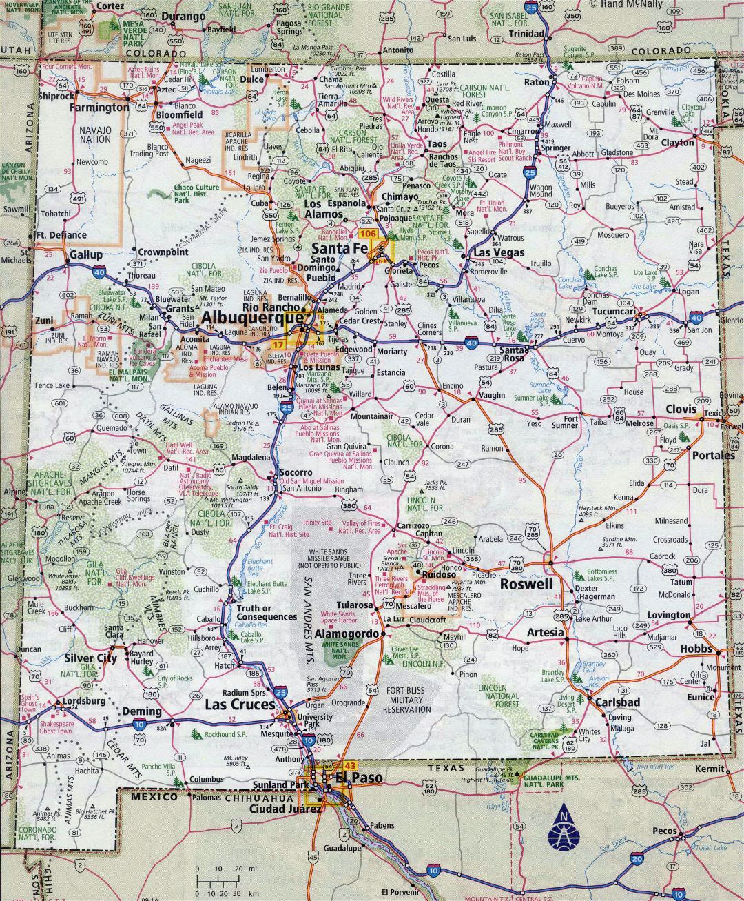 Large detailed roads and highways map of New Mexico state with all cities