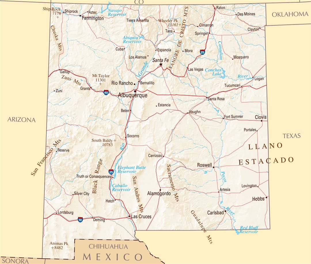 Large map of New Mexico state with roads, highways, relief and major cities