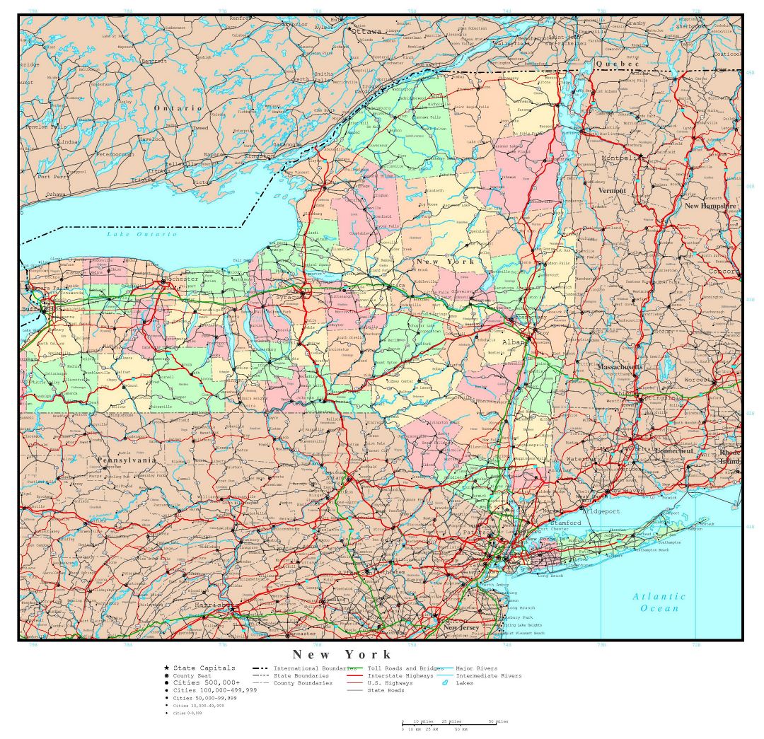 Large detailed administrative map of New York state with roads, highways and major cities