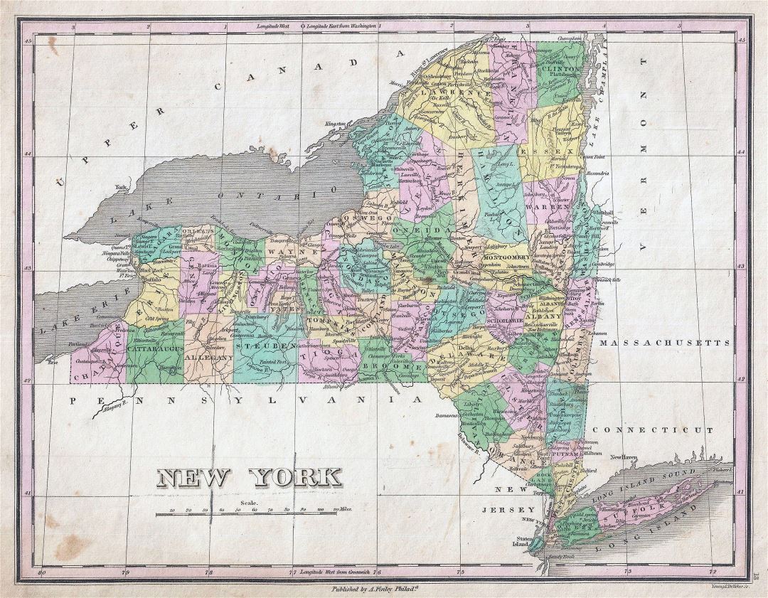 Large detailed old administrative map of New York state - 1827