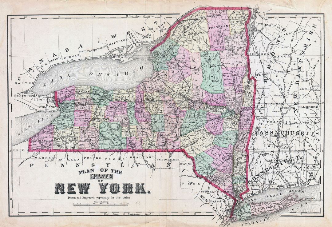 Large detailed old administrative map of New York state with roads, railroads and cities - 1873