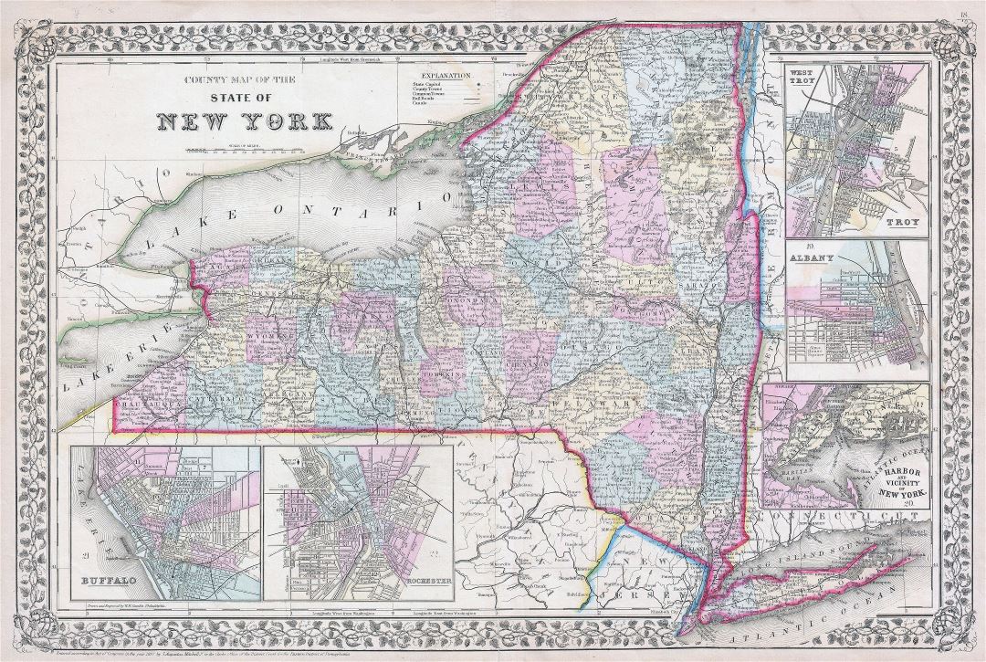 Large detailed old administrative map of New York state with towns, cities and railroads - 1867