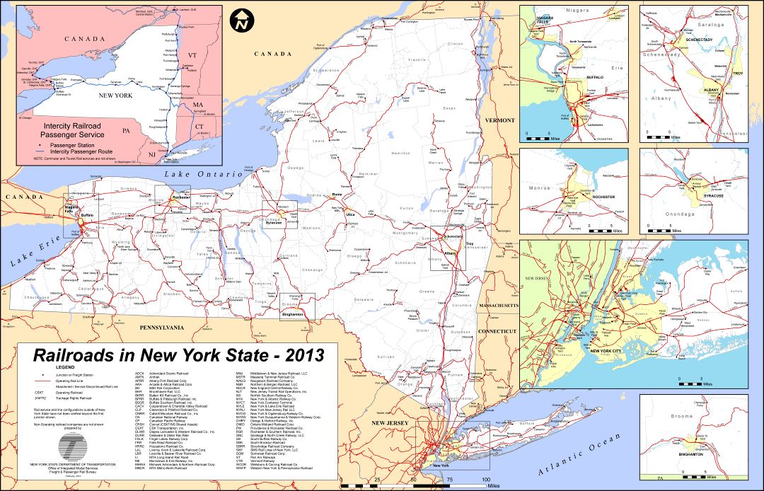 Large detailed railroads map of New York state - 2013