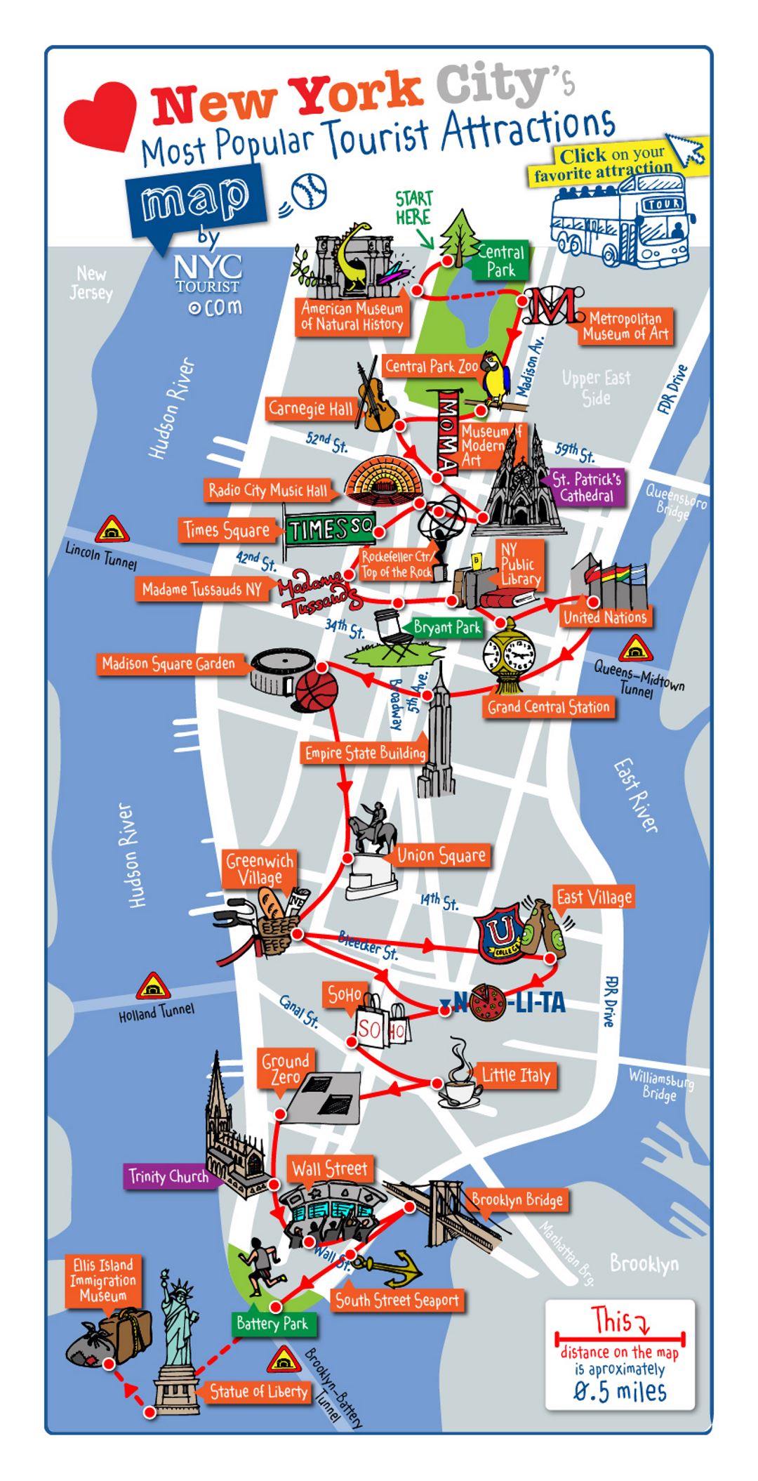 Detailed map of most popular tourist attractions of Manhattan, NYC