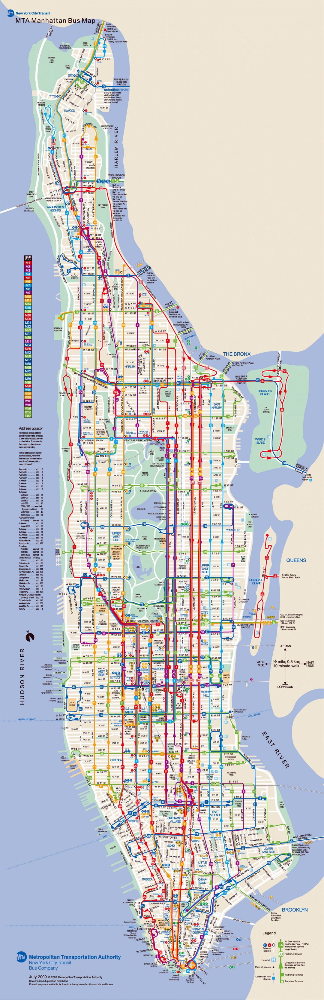 Large detailed bus routes map of Manhattan, NY