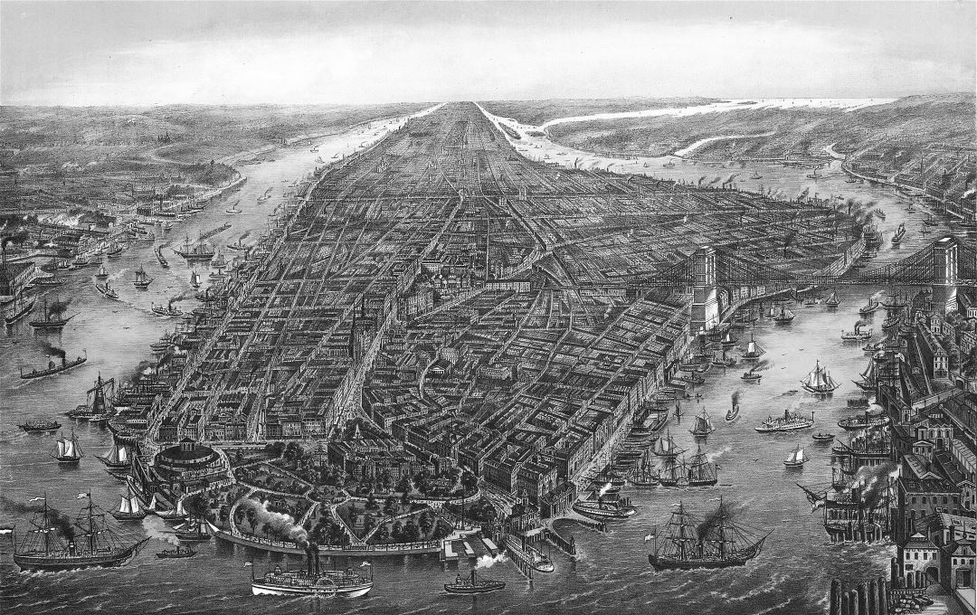 Large detailed old panoramic map of Manhattan, New York city - 1873