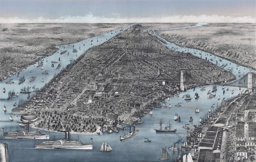 Large detailed old panoramic map of Manhattan, New York city - 1886