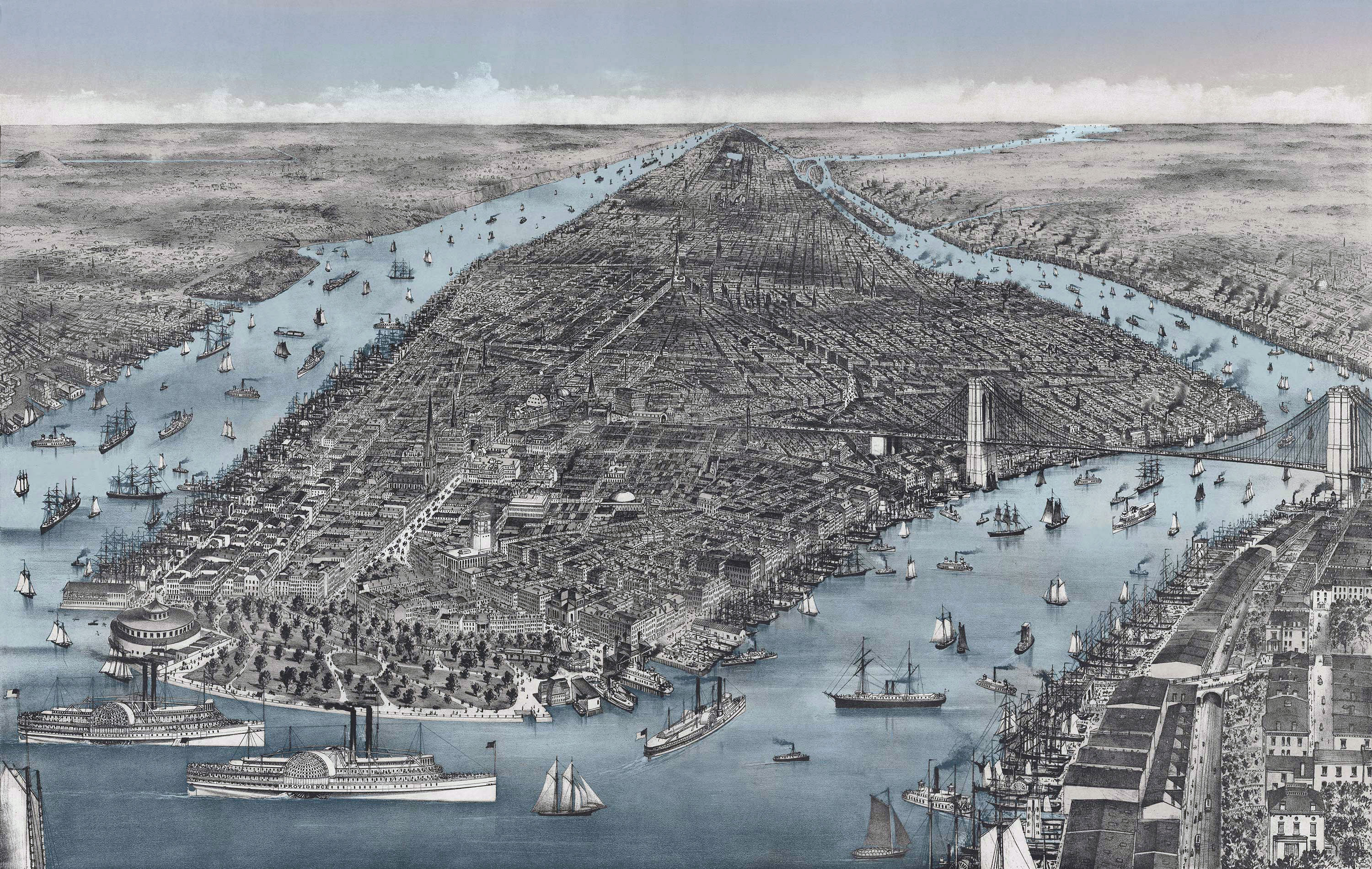 Large Detailed Old Panoramic Map Of Manhattan New York City Hot