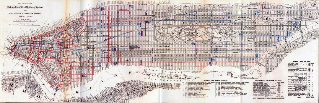 Large detailed old street railways map of Manhattan - 1899