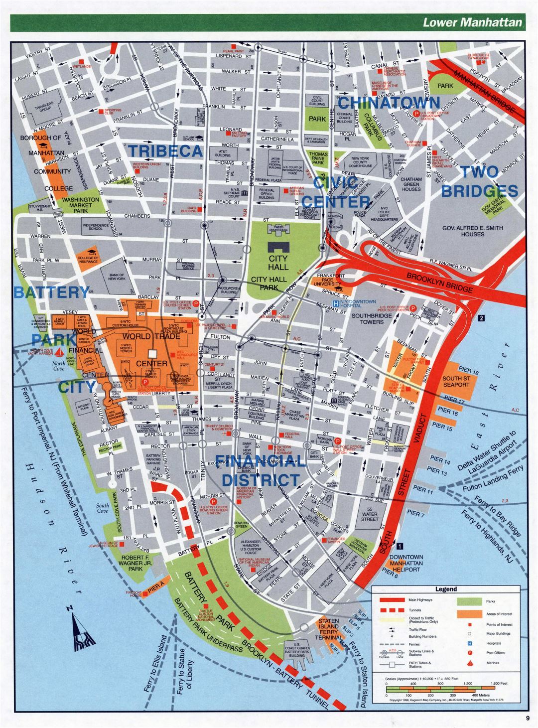 Large detailed road map of Lower Manhattan, NYC