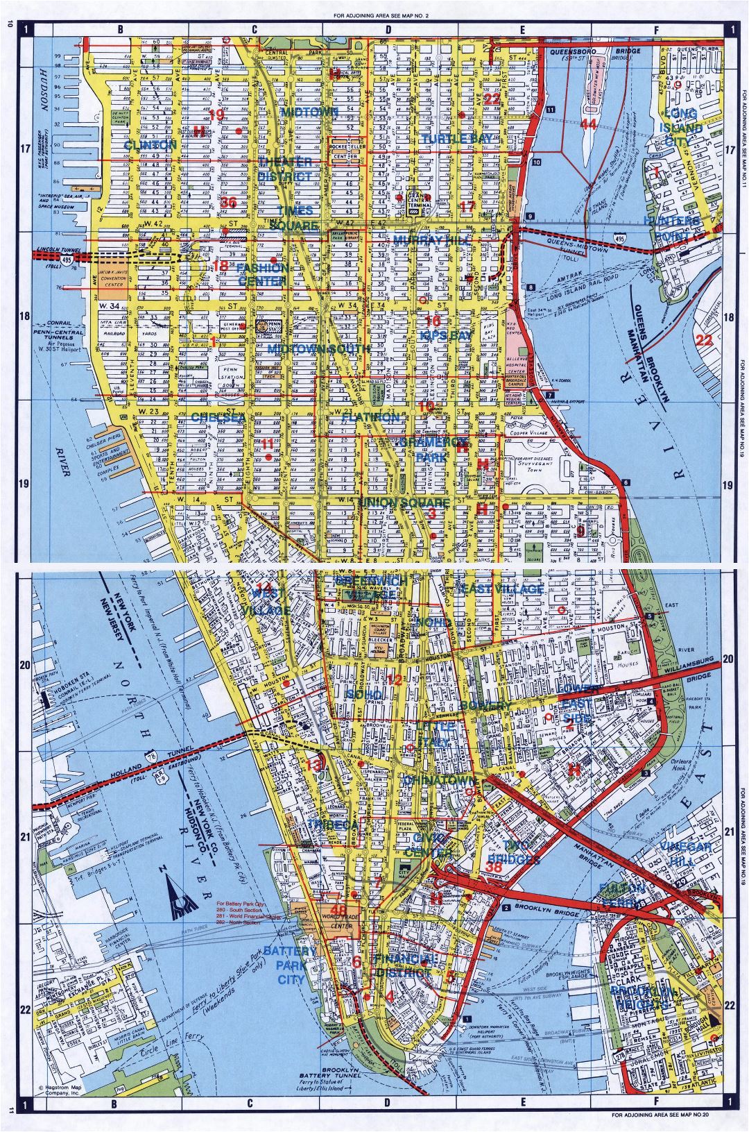 Large detailed road map of South Manhattan, NYC