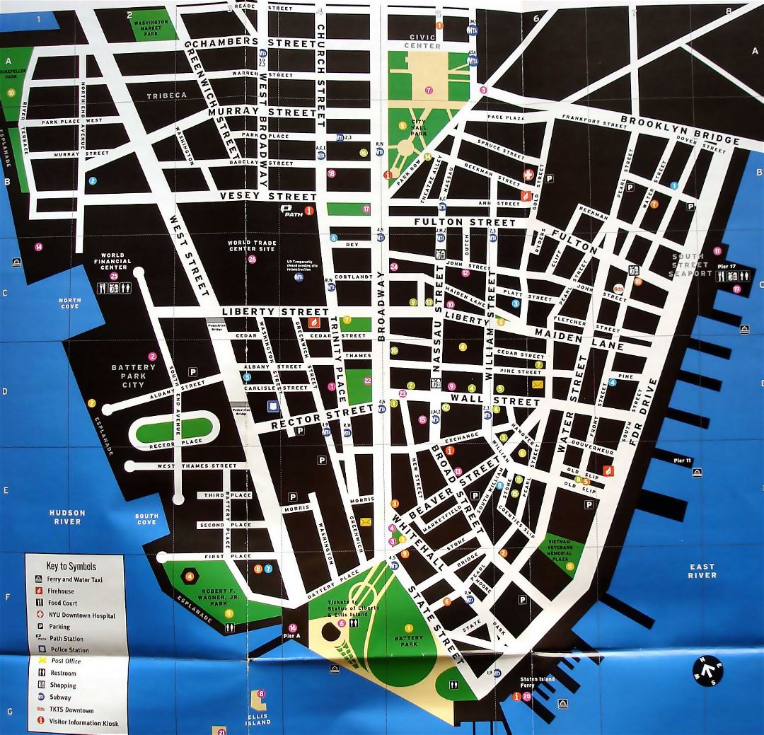 Large detailed tourist map of Lower Manhattan