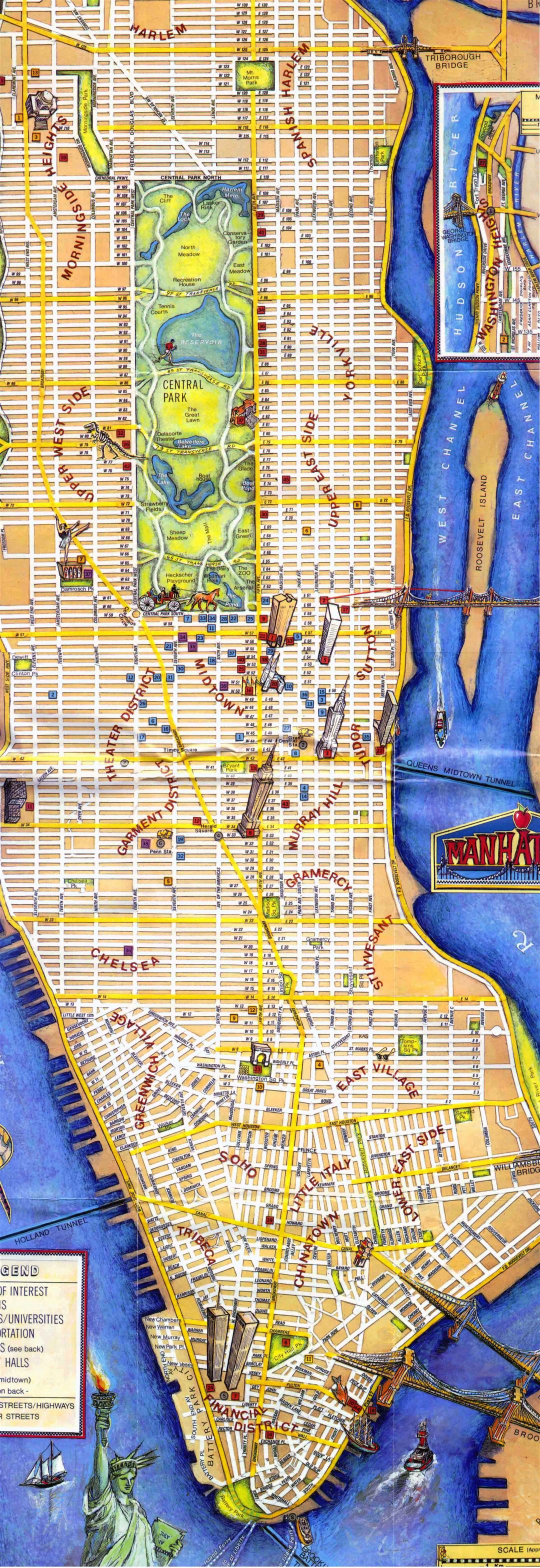 Large detailed tourist map of Manhattan