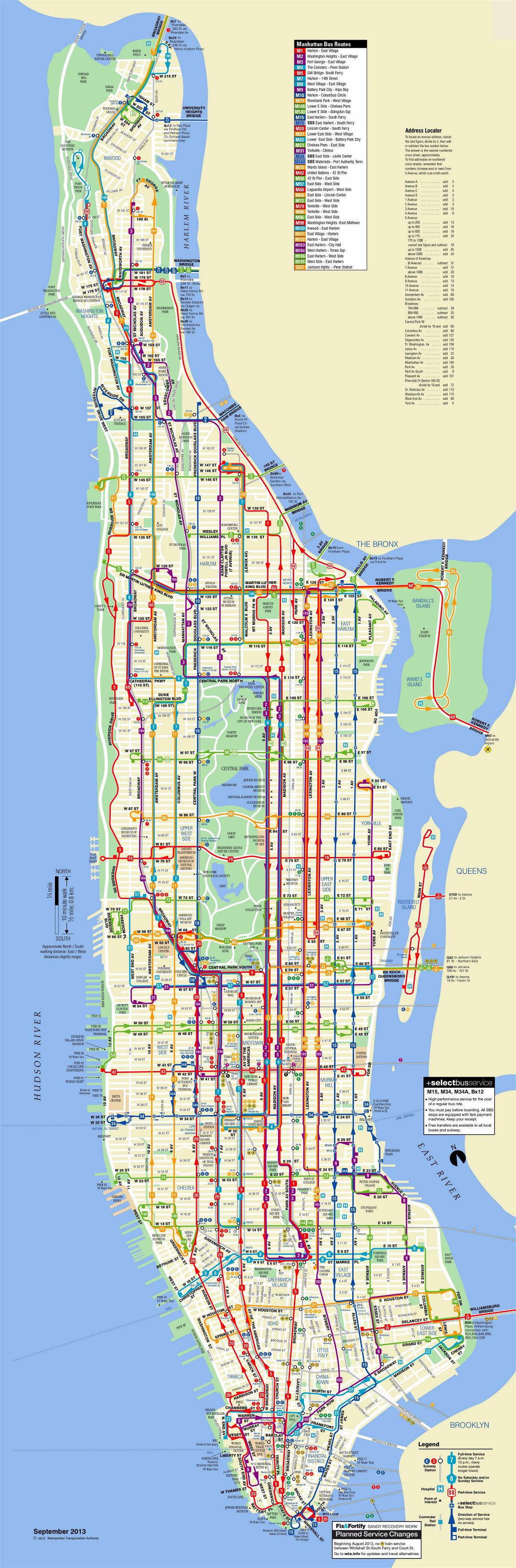 Large scale detailed bus routes map of Manhattan, NYC