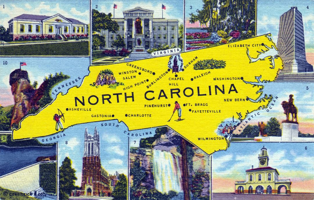 Detailed North Carolina postcard with map